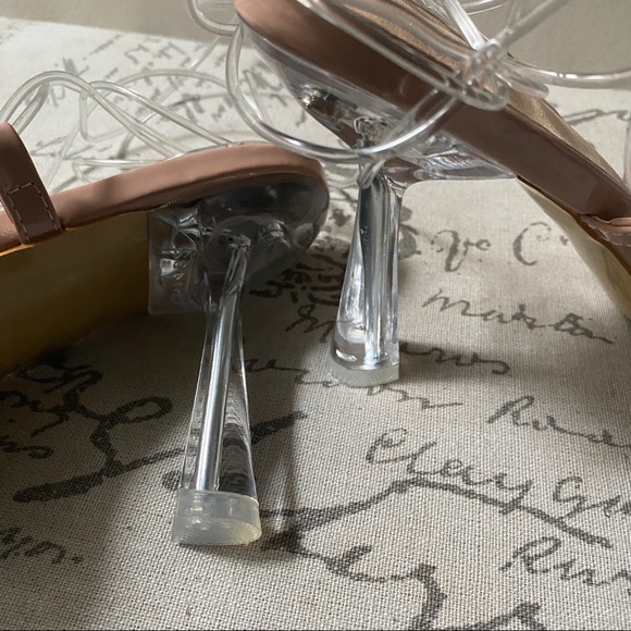 CLEAR TIE UP LACE UP STRAPPY LEG THONG SANDAL HEELS in TRANSPARENT & NUDE - Picture 3 of 7